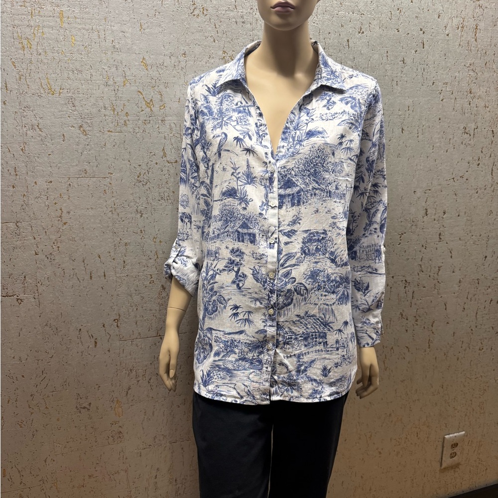 100%Linen Blue and White Women's Blouse